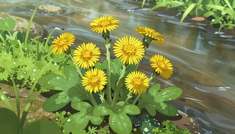 Visual representation of "coltsfoot" - A wildflower with large, heart-shaped leaves and yellow flowers, often found near water, known for its use in herbal medicine, especially for coughs.