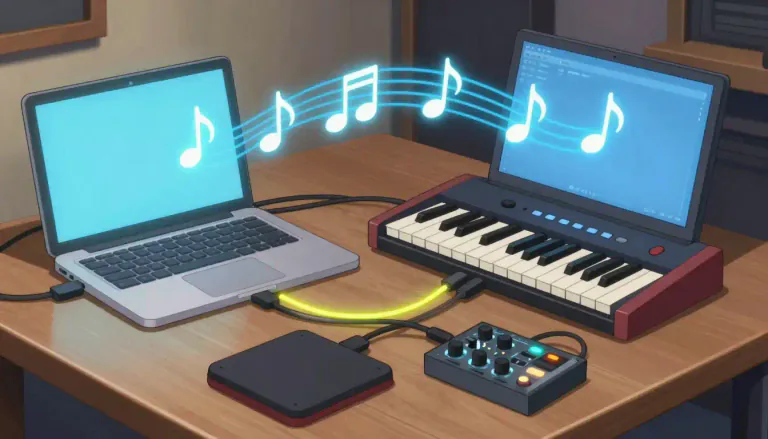 Visual representation of "midi" - It's a system that allows electronic musical instruments, computers, and other devices to communicate and share musical information