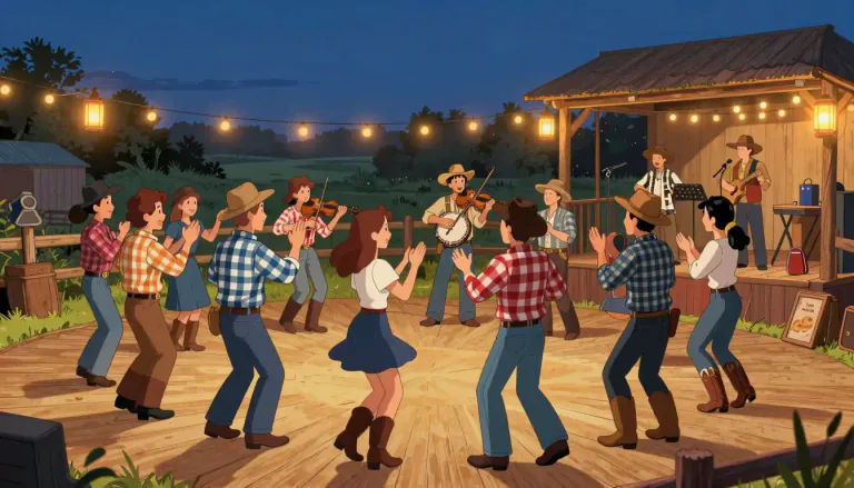 Visual representation of "hoedown" - A traditional American social gathering featuring folk dancing and country music, often outdoors.