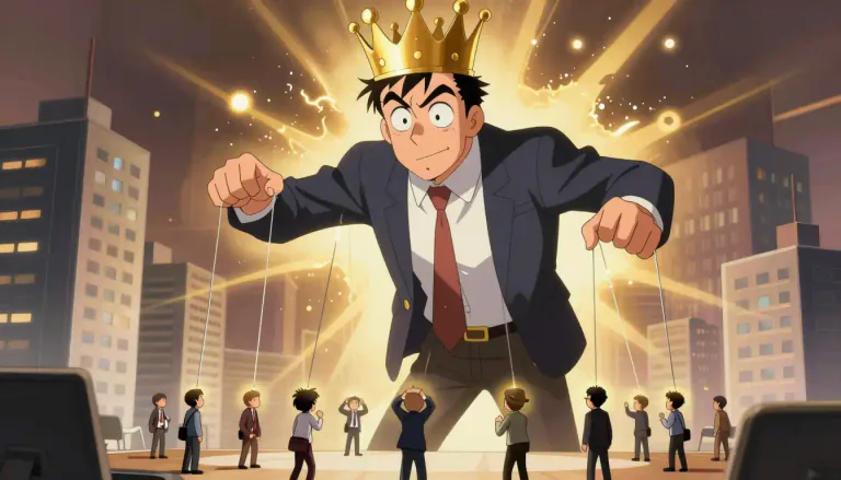 Visual representation of "megalomania" - The desire for power or importance to such an extent that a person loses control over their own sense of reality.