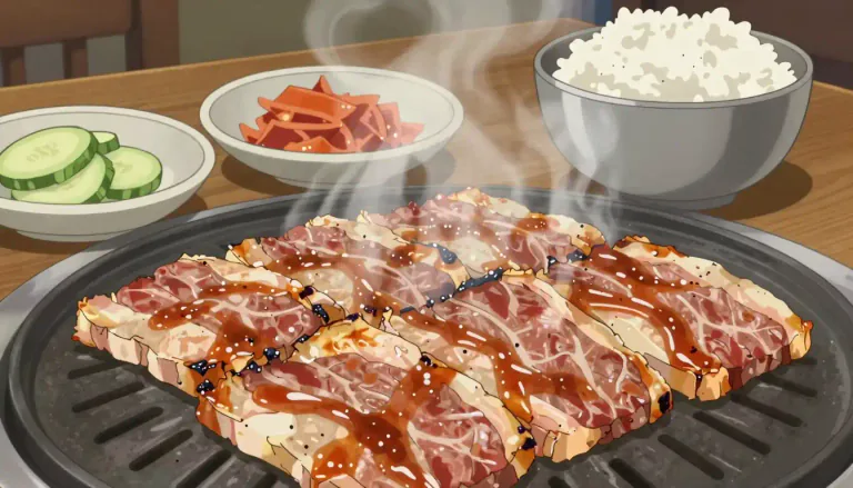 Visual representation of "bulgogi" - Bulgogi is a Korean dish of marinated beef that is grilled or stir-fried, often served with rice and side dishes.