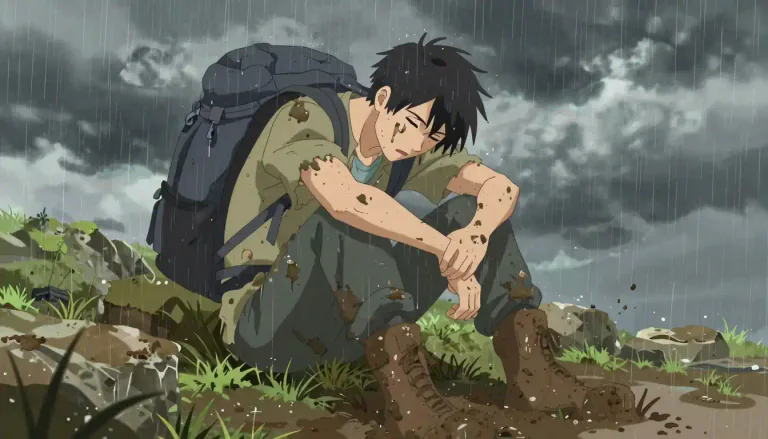 Visual representation of "bedraggled" - Someone or something looking dirty and messy, often because of rain or being in bad conditions.