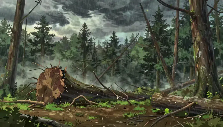 Visual representation of "blowdown" - A situation in which trees are knocked down or destroyed by strong winds or storms.