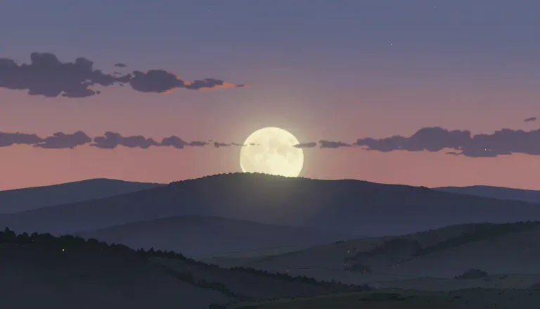 Visual representation of "moonrise" - The time when the moon becomes visible in the sky as it rises above the horizon.