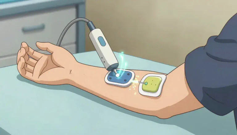 Visual representation of "iontophoresis" - A medical treatment method that uses electrical current to deliver medication or ions into the body through the skin.