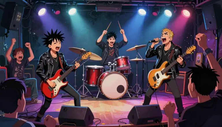 Visual representation of "punk" - A style of music popular in the 1970s, characterized by loud, aggressive music and often expressing an anti-establishment or rebellious point of view.