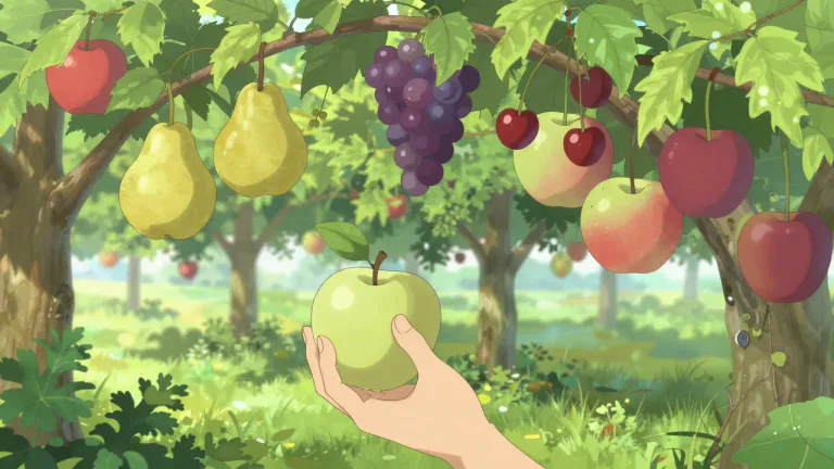 Visual representation of "fruit" - The sweet or savoury product that grows on plants and trees and can often be eaten.