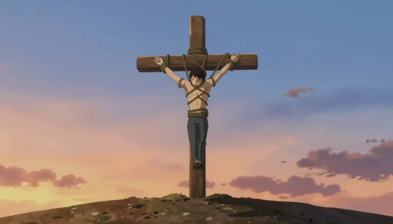 Visual representation of "crucifixion" - A method of punishment in which a person is nailed or bound to a cross.