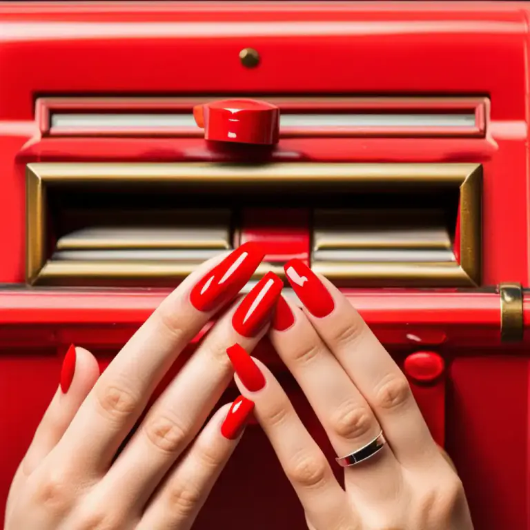 Visual representation of "pillar-box red" - A bright red color like that of a traditional British mail box.