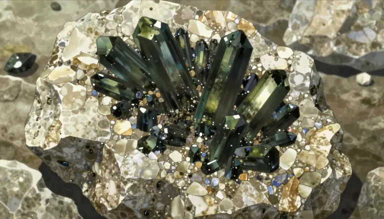 Visual representation of "hornblende" - Hornblende is a complex, dark-colored mineral, part of the amphibole group, that is commonly found in igneous and metamorphic rocks.