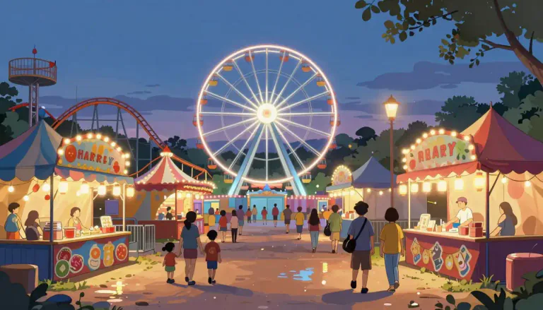 Visual representation of "fairground" - An outdoor area where a fair is held, containing amusements, games, and various stalls.