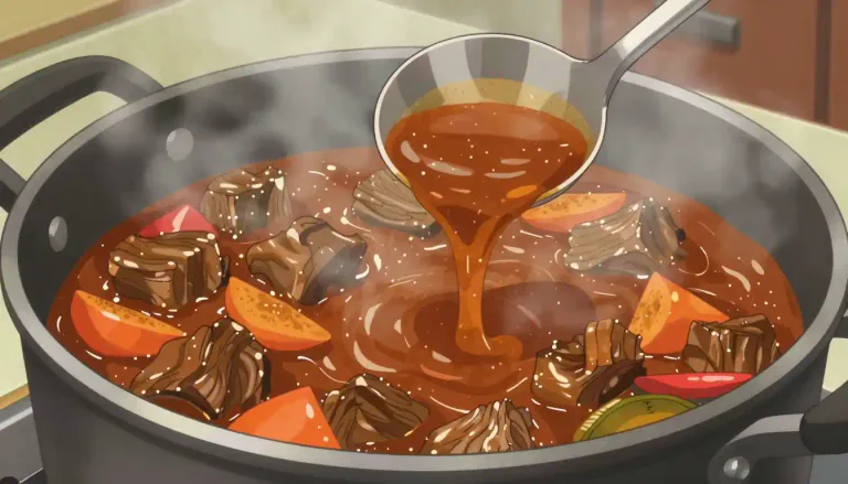 Visual representation of "ragout" - A thick, rich, and hearty sauce made with meat or vegetables that is slowly cooked.