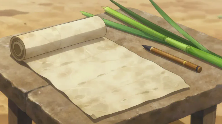 Visual representation of "papyrus" - A material used for writing in ancient times, made from the stem of a water plant.