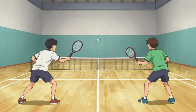 Visual representation of "racquetball" - A game played with a racket in a four-walled court, usually by two players, where a small rubber ball is hit against the wall and must not touch the floor before reaching it.