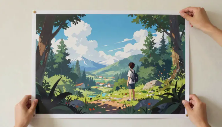 Visual representation of "poster" - A large paper where information or a picture is printed for people to read or see, often stuck to a wall or board.