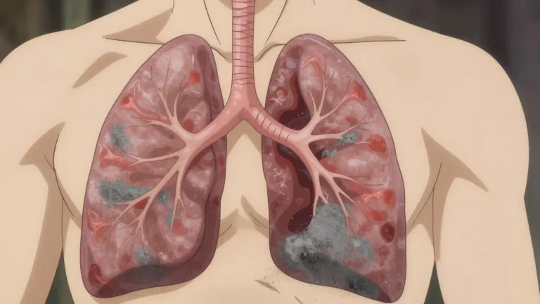 Visual representation of "pneumoconiosis" - An illness of the lungs caused by the inhalation of fine dust, leading to inflammation and scarring.
