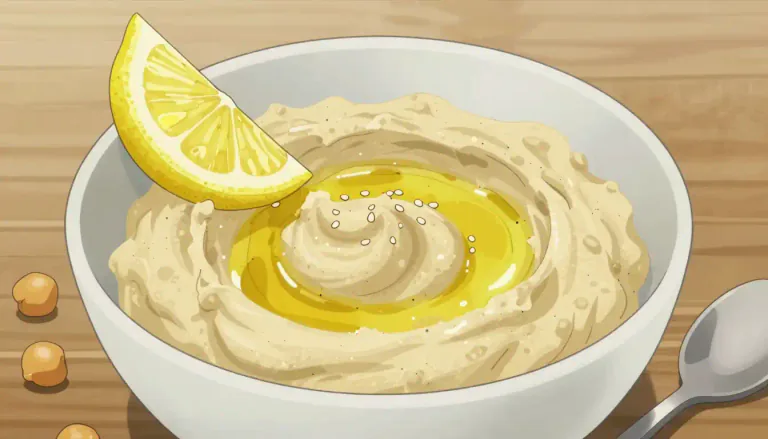 Visual representation of "hummus" - A thick paste or spread made from ground chickpeas, sesame seeds, olive oil, lemon, and garlic.
