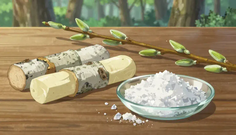 Visual representation of "salicin" - a bitter, white, crystalline compound found in willow bark, commonly used for its pain-relieving properties.