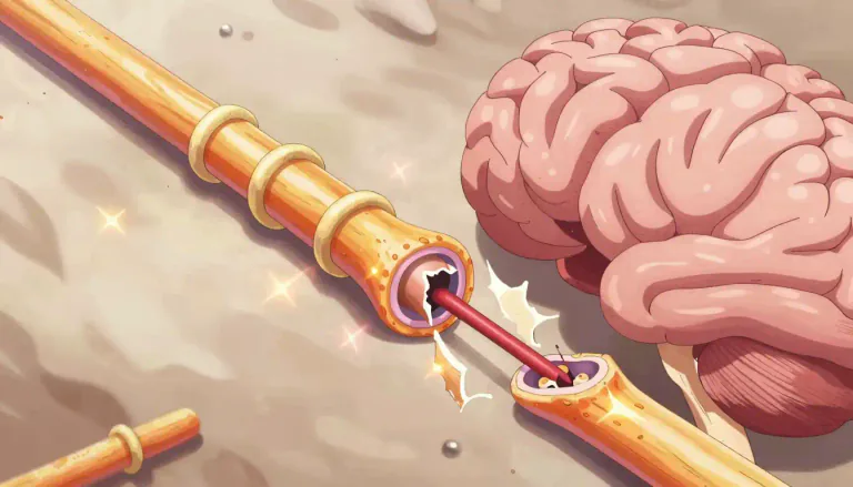 Visual representation of "demyelination" - Demyelination is the loss of the protective covering (myelin) around the nerve fibers, which can lead to disruptions in nerve signal transmission.