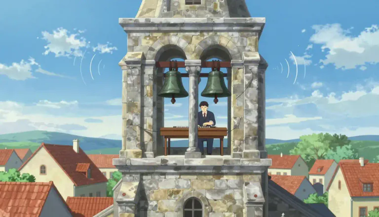 Visual representation of "carillon" - A musical instrument with a set of bells, usually in a tower, played using a keyboard or by an automatic mechanism.