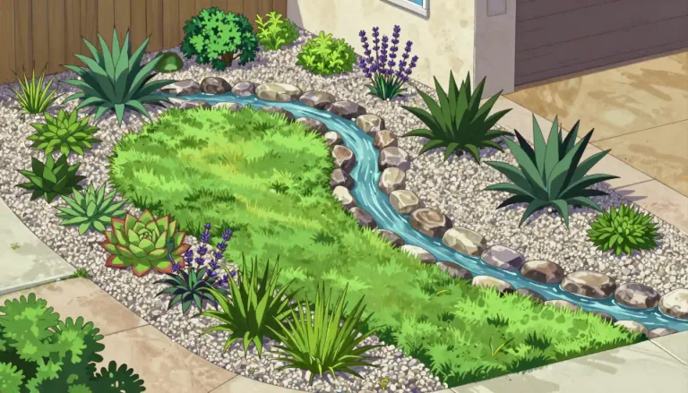Visual representation of "xeriscape" - A landscaping design that reduces or eliminates the need for irrigation by using drought-resistant plants.