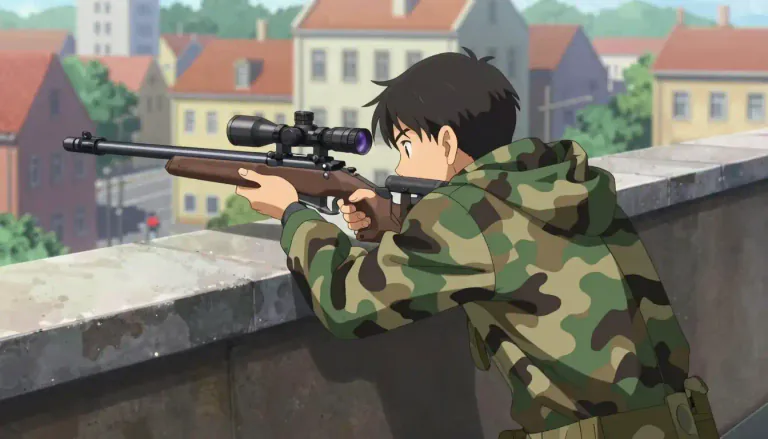 Visual representation of "sniper" - A person who shoots from a hidden place, especially accurately and at long range