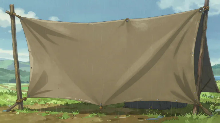 Visual representation of "tarp" - A tarp is a large, strong sheet of material used as a cover or shelter.