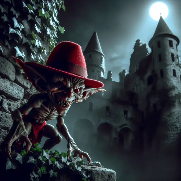 Visual representation of "redcap" - A type of goblin or fairy in various regional folklores, who dyes its hat in human blood.
