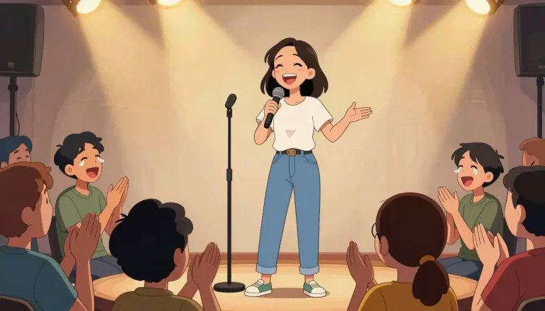 Visual representation of "comedienne" - A woman whose job is to make people laugh through jokes and funny actions