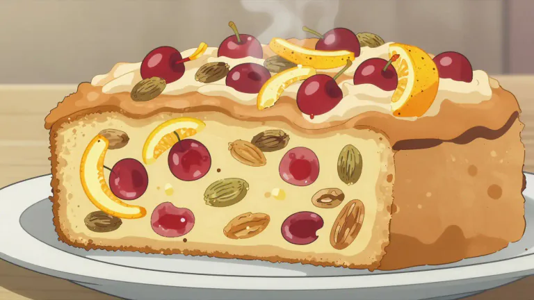 Visual representation of "fruitcake" - A type of cake made with candied or dried fruits, nuts, and spices.