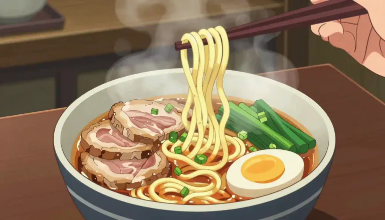 Visual representation of "ramen" - A Japanese dish with noodles in broth, often with meat or vegetables.