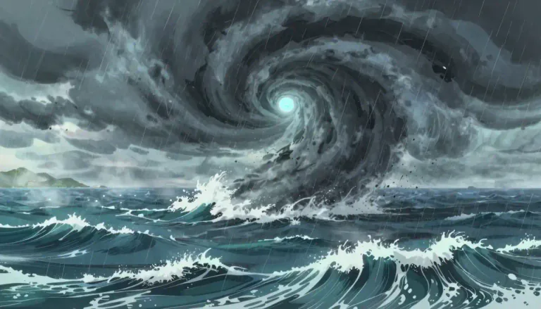 Visual representation of "typhoon" - A strong, violent storm that happens mostly in the Pacific Ocean.