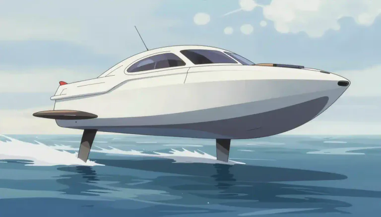 Visual representation of "hydrofoil" - A type of boat or a structure that lifts a vessel out of the water to reduce drag and increase speed.