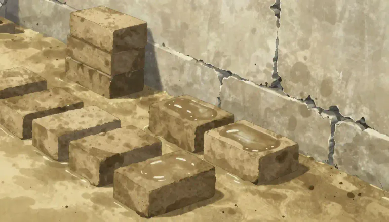 Visual representation of "mudbrick" - A type of brick made from earth and water that is shaped and dried for use in construction.