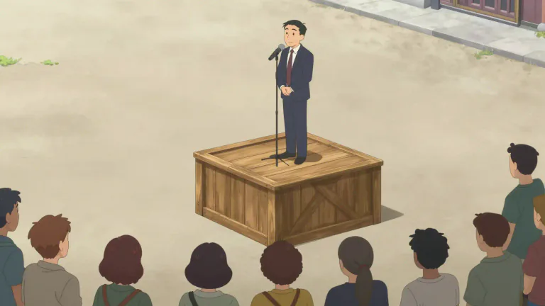 Visual representation of "soapbox" - A box or crate used as a makeshift stand by a public speaker
