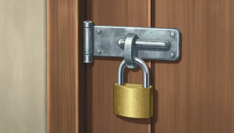 Visual representation of "hasp" - A tool used to fasten a door or lid. It has two parts: a metal loop and a slotted hinge plate.