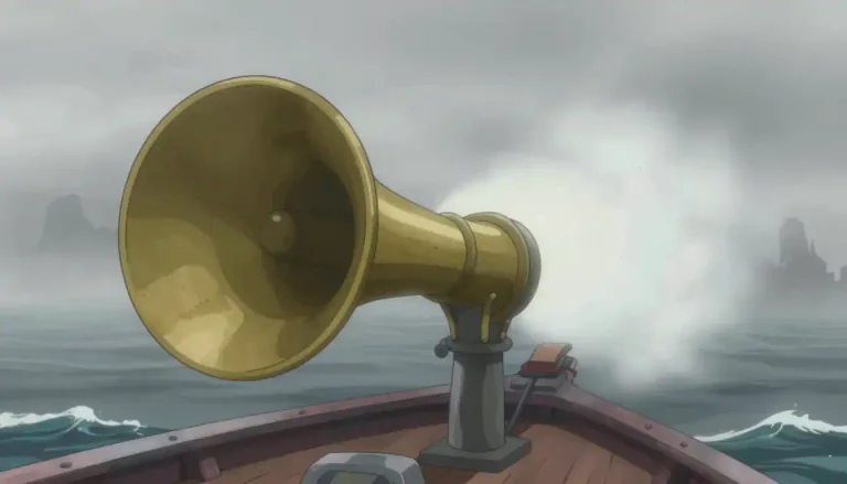 Visual representation of "foghorn" - A large, loud horn typically used on a ship to indicate its position during foggy weather.