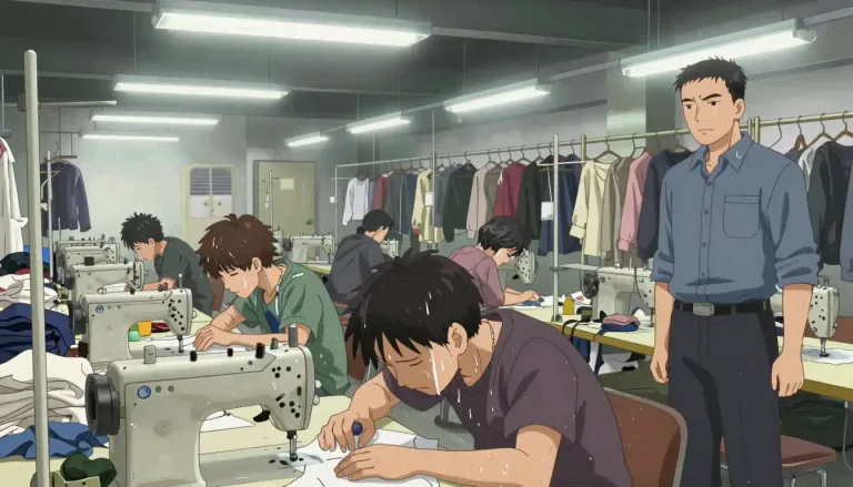 Visual representation of "sweatshop" - A place where workers endure harsh conditions and receive low pay, often associated with clothing production.