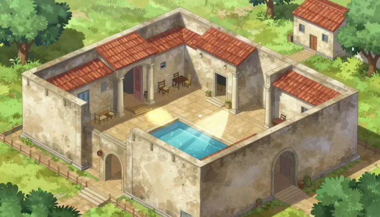 Visual representation of "domus" - A house in ancient Rome, typically consisting of a single-story dwelling with an atrium and various rooms.