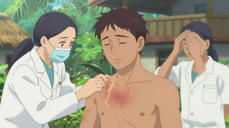Visual representation of "onchocerciasis" - A tropical disease caused by a parasitic worm, characterized by skin lesions and can lead to blindness.
