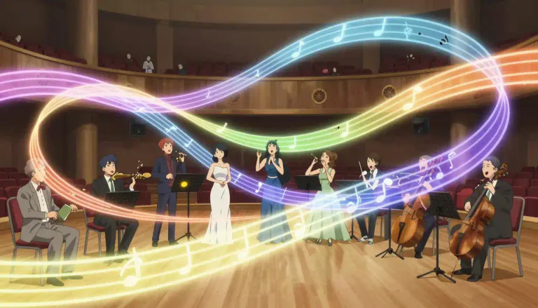 Visual representation of "contrapuntal" - Relating to or involving the simultaneous combination of different lines of music.