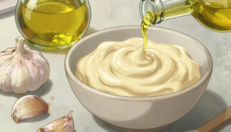 Visual representation of "aioli" - A thick sauce made from garlic, olive oil, and sometimes egg, used in Mediterranean cuisine.