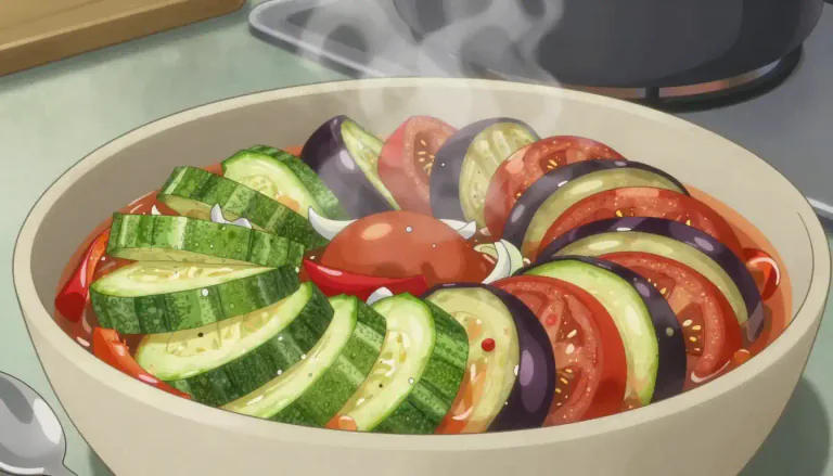 Visual representation of "ratatouille" - A dish of finely chopped vegetables that are cooked together, especially typical of French cuisine.