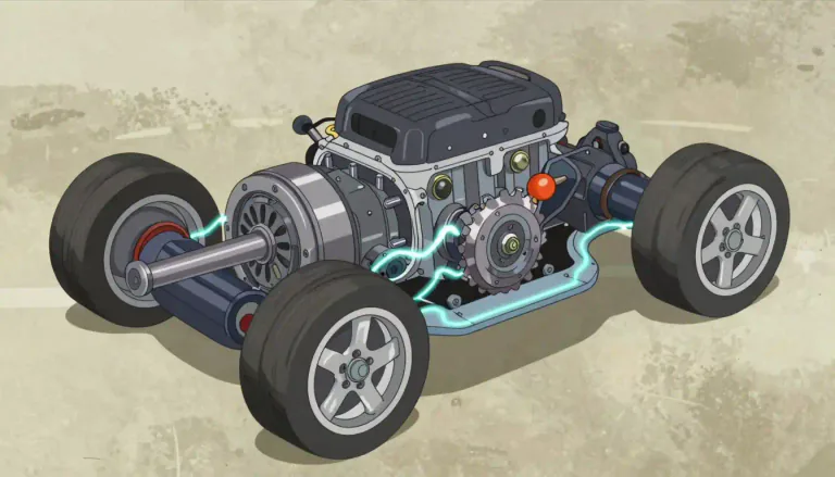 Visual representation of "drivetrain" - A drivetrain is the group of components in a vehicle that delivers power from the engine to the wheels.