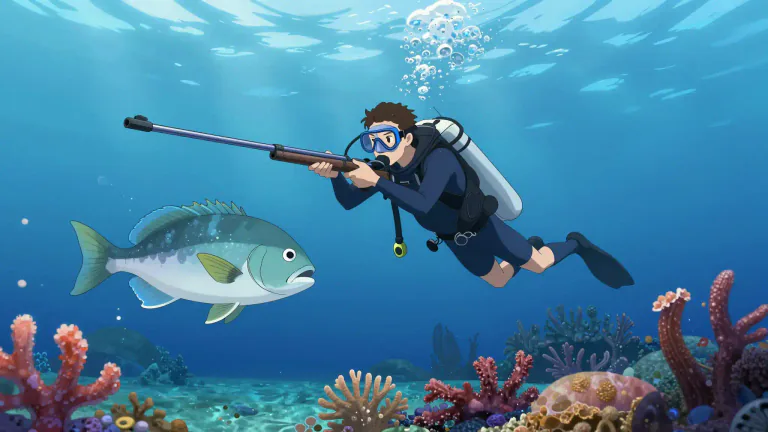 Visual representation of "spearfish" - To catch fish using a spear, often while diving underwater.
