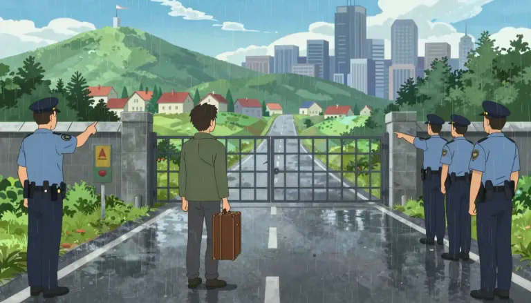Visual representation of "exile" - The state of being sent away from one's home or country, usually by law.