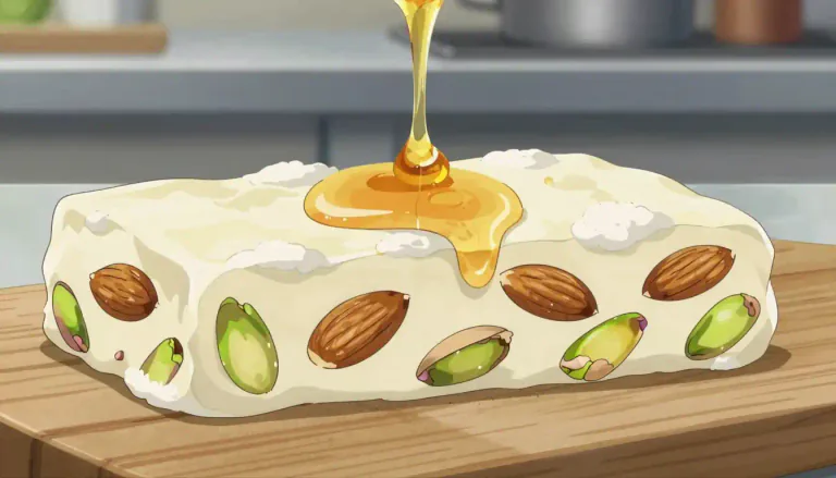 Visual representation of "nougat" - A sweet item made from sugar or honey, nuts, and egg white.