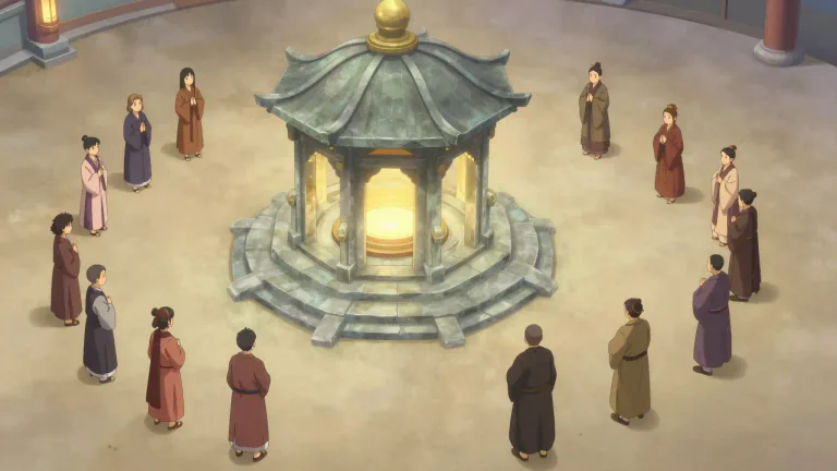 Visual representation of "circumambulation" - The act of moving around a sacred object or place in a ritualistic or reverent manner.