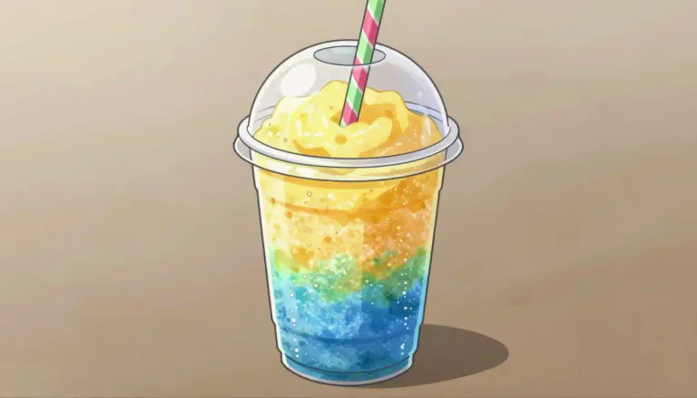 Visual representation of "slurpee" - A slurpee is a type of frozen drink that is made from flavored syrup and carbonated water, served in a cup with a straw.