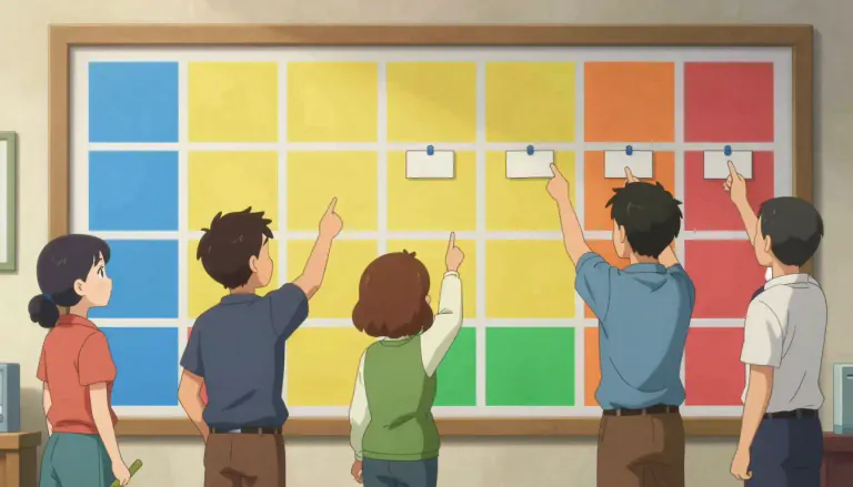 Visual representation of "rota" - A list or plan that shows when each person in a group has to work, do a particular job, etc.